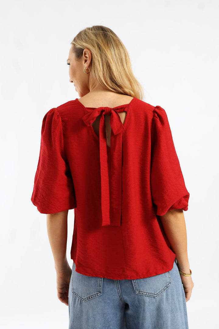 Bubble Sleeve Tie Back Blouse - Rust