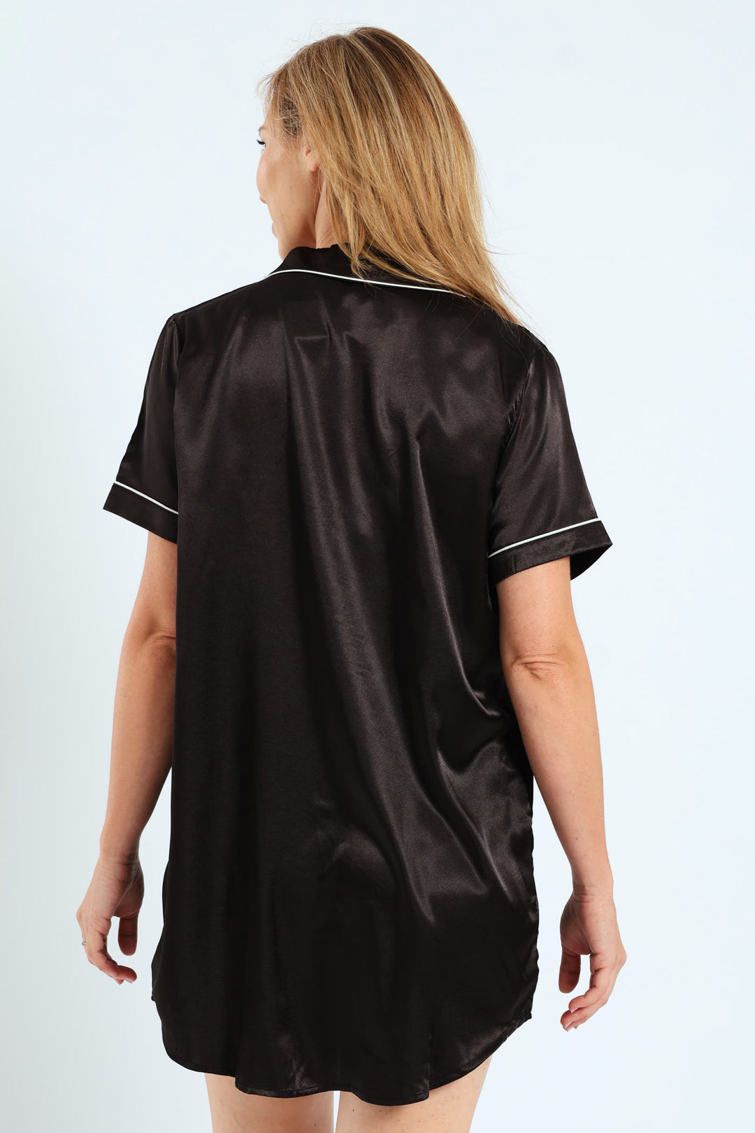 Button Through Satin Sleepshirt - Black