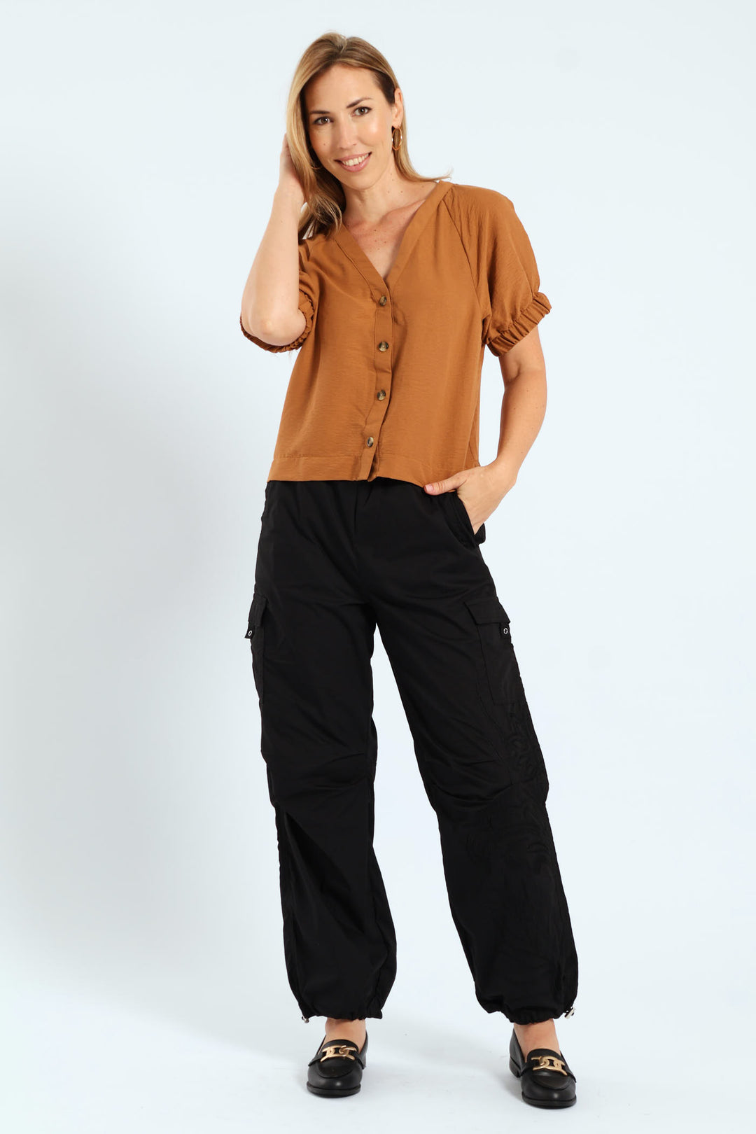 Raglan Puff Sleeve Button Through Blouse - Tobacco