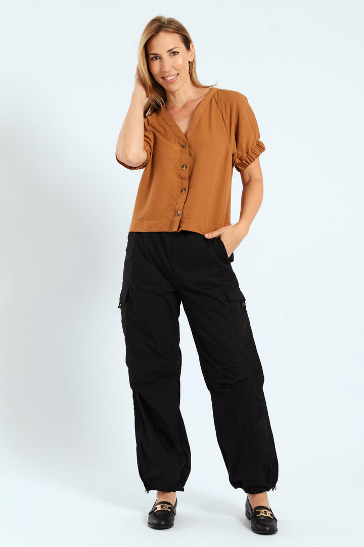 Raglan Puff Sleeve Button Through Blouse - Tobacco