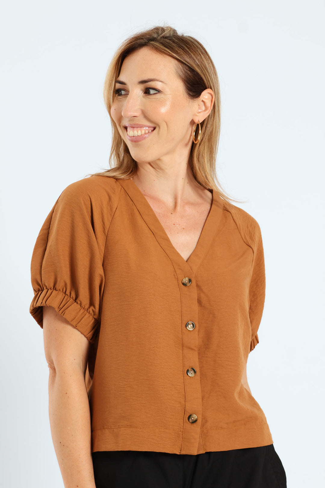 Raglan Puff Sleeve Button Through Blouse - Tobacco