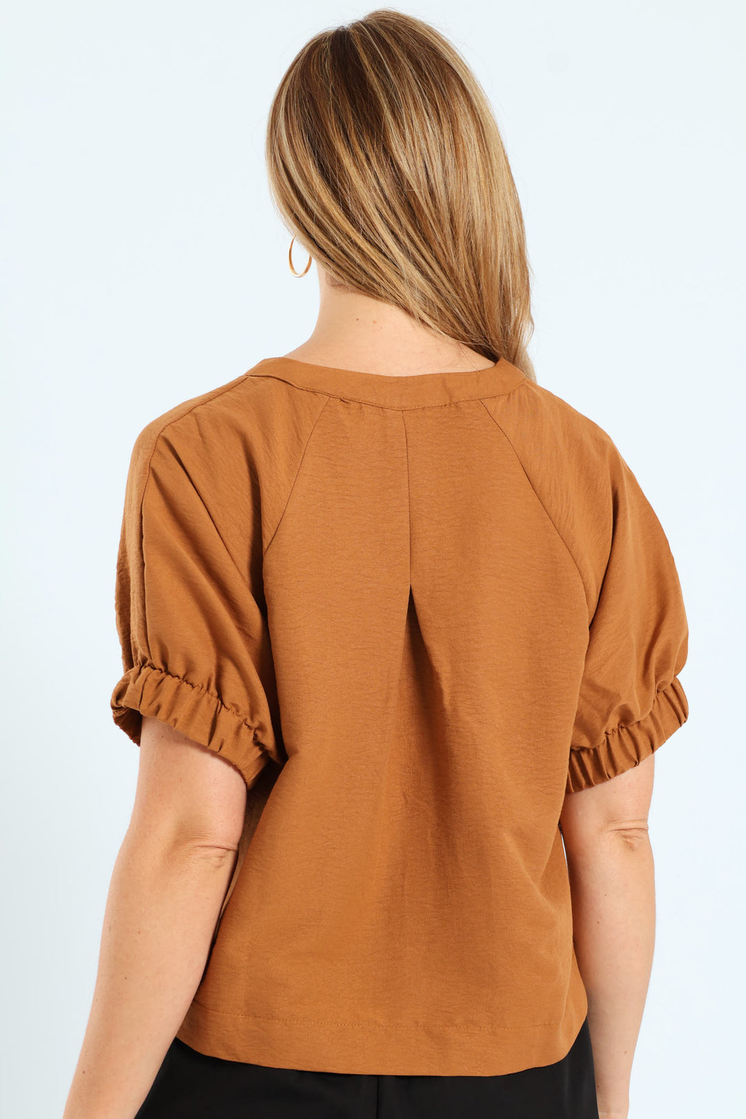 Raglan Puff Sleeve Button Through Blouse - Tobacco