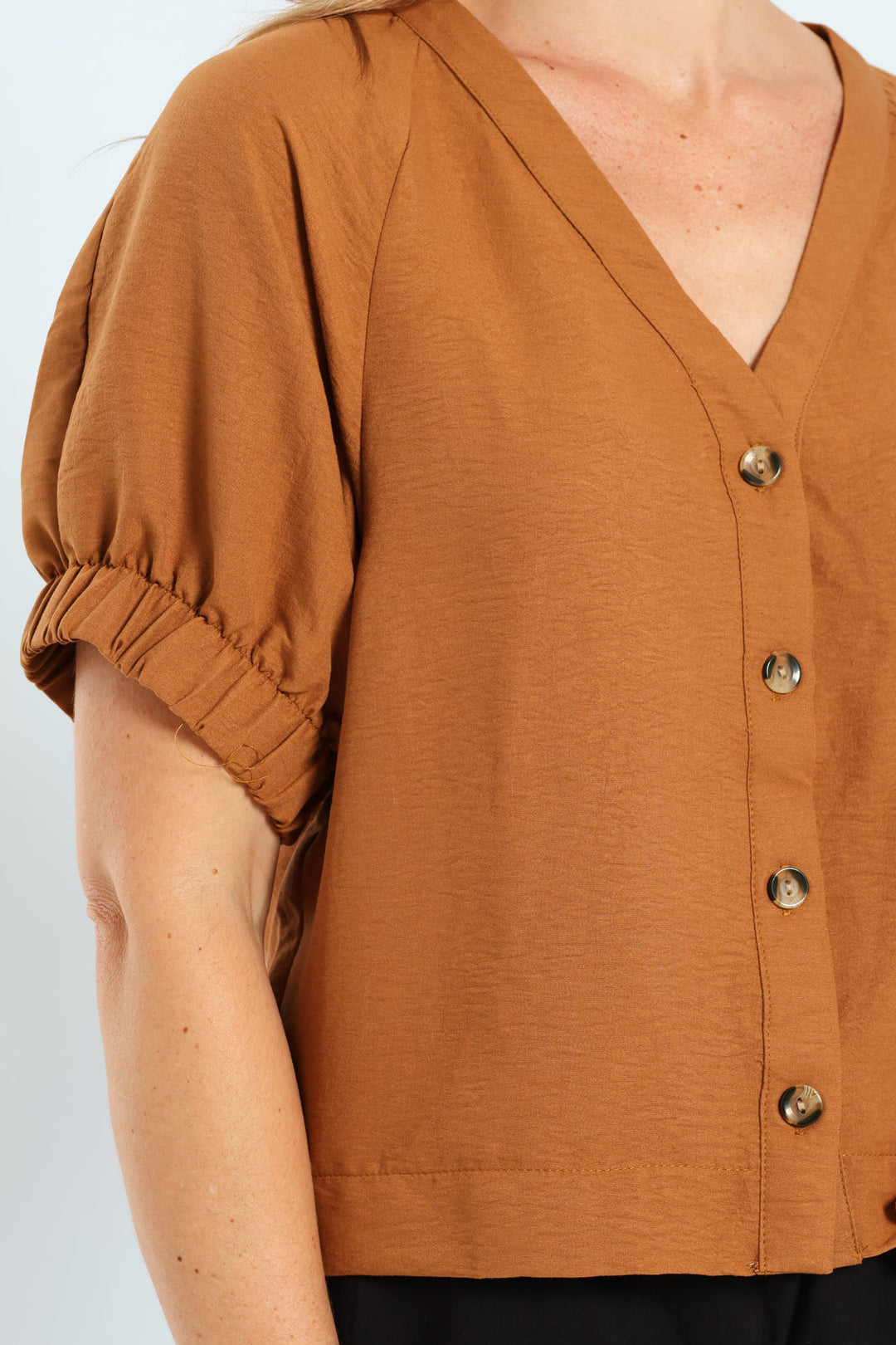 Raglan Puff Sleeve Button Through Blouse - Tobacco