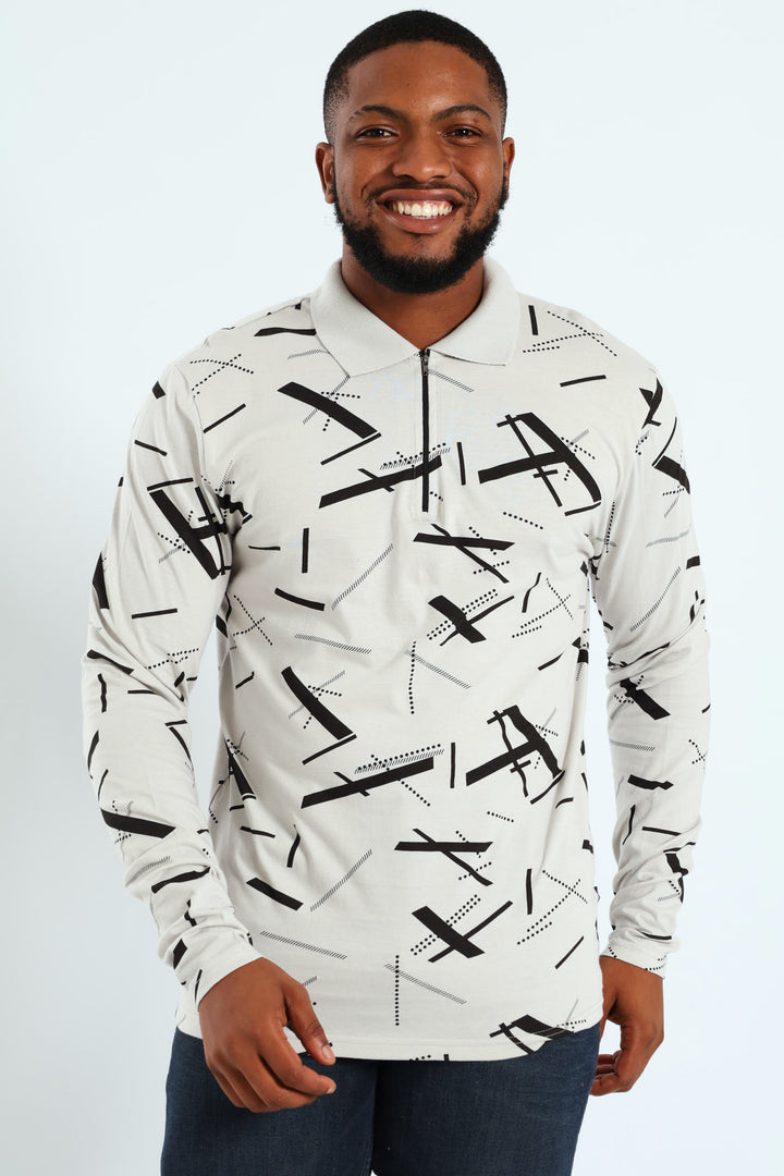 Long Sleeve Printed Zip Geo Golfer - Grey