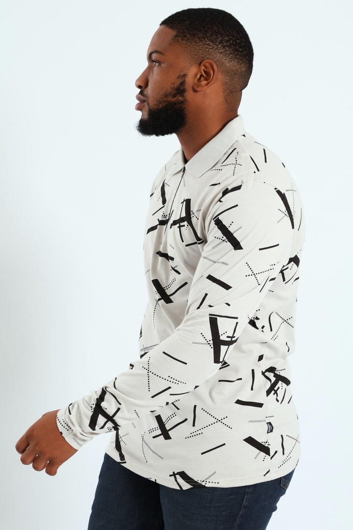 Long Sleeve Printed Zip Geo Golfer - Grey