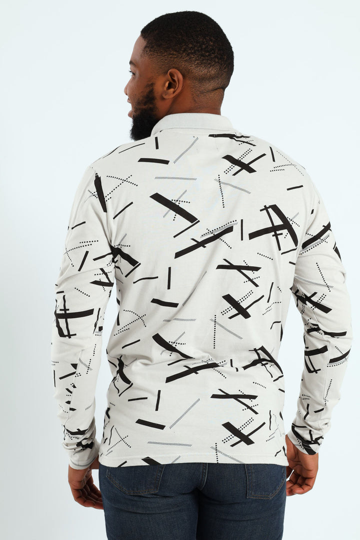 Long Sleeve Printed Zip Geo Golfer - Grey