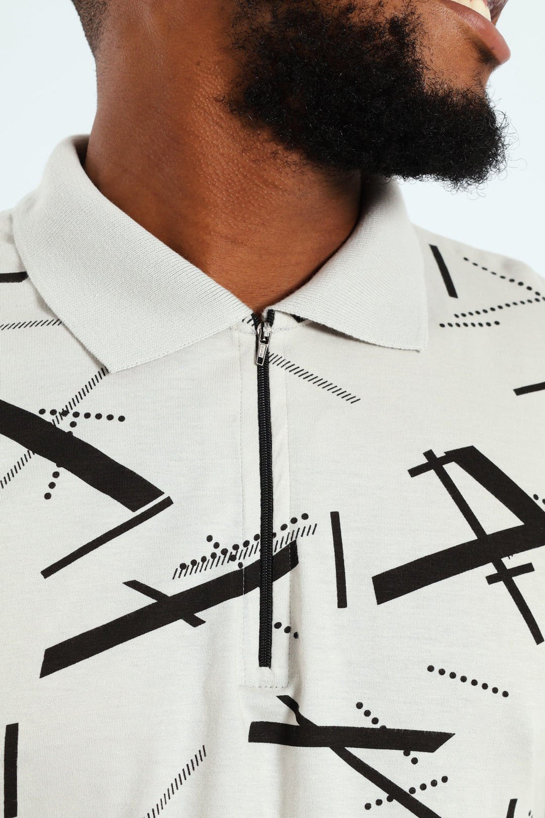 Long Sleeve Printed Zip Geo Golfer - Grey