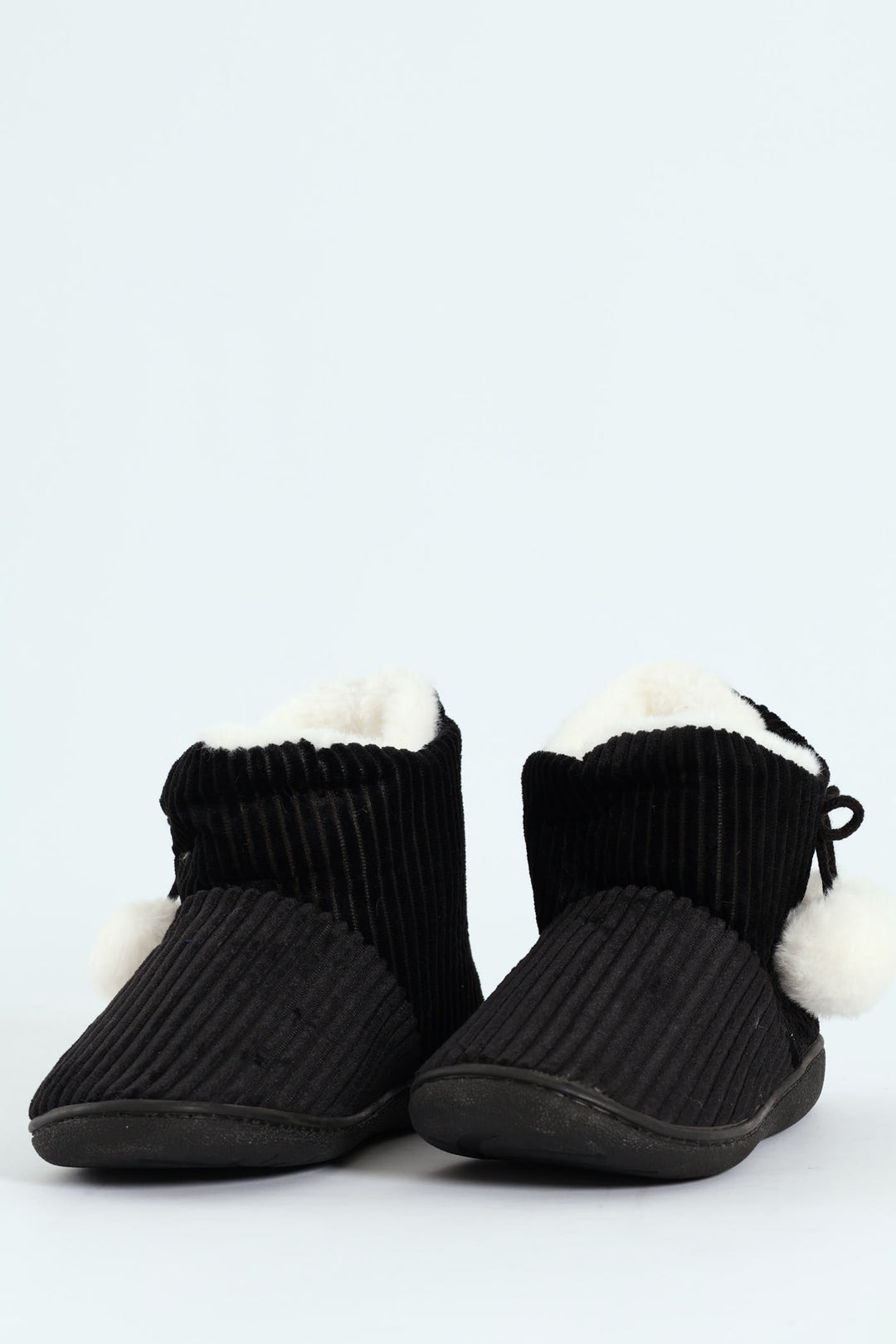 Corduroy Slipper Bootie With Pompoms - Black