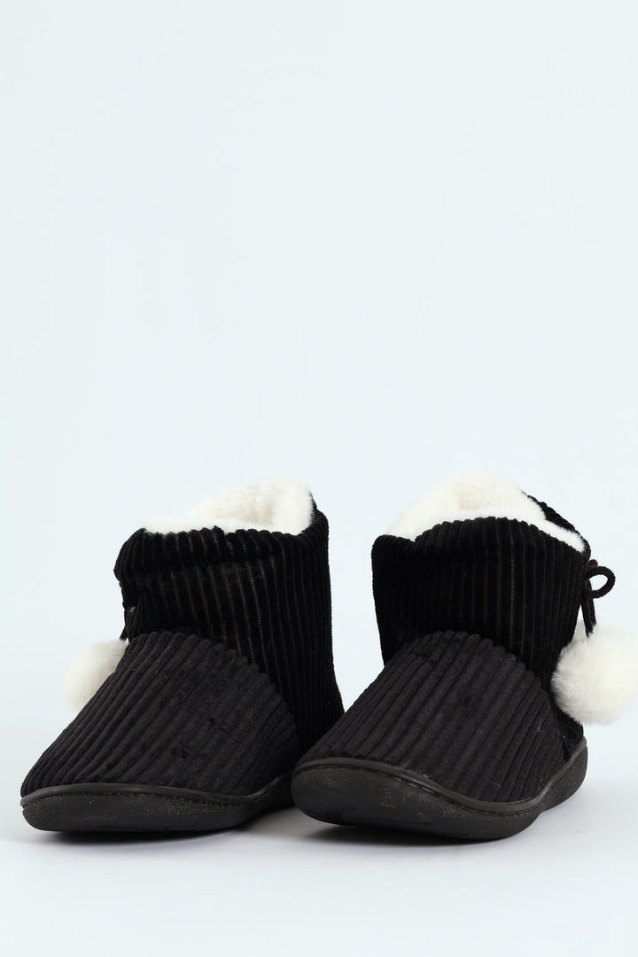 Corduroy Slipper Bootie With Pompoms - Black