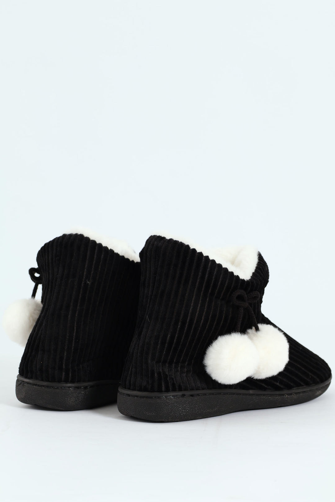 Corduroy Slipper Bootie With Pompoms - Black