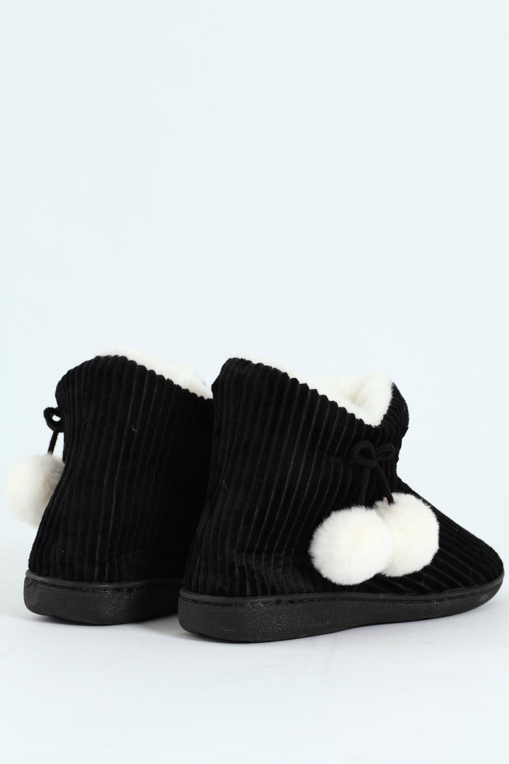 Corduroy Slipper Bootie With Pompoms - Black