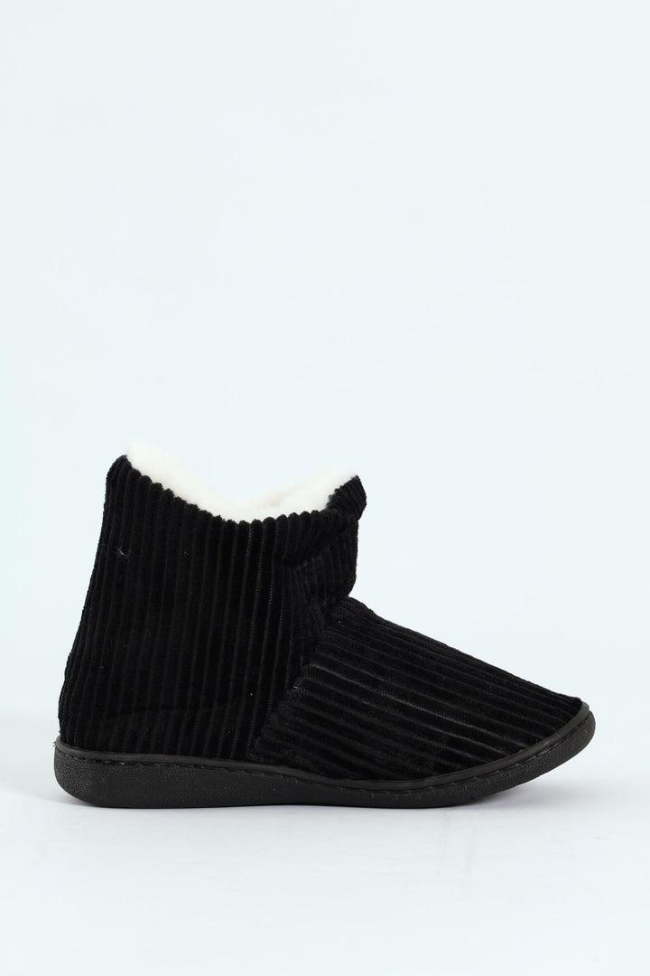 Corduroy Slipper Bootie With Pompoms - Black