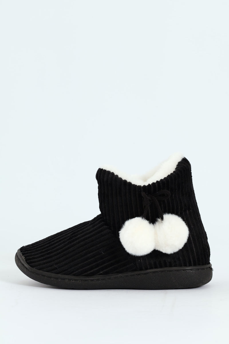 Corduroy Slipper Bootie With Pompoms - Black
