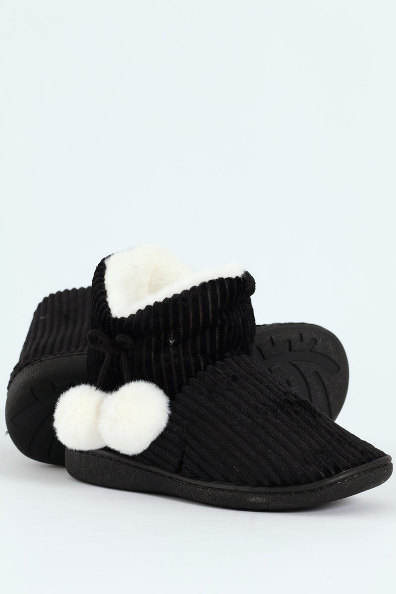 Corduroy Slipper Bootie With Pompoms - Black