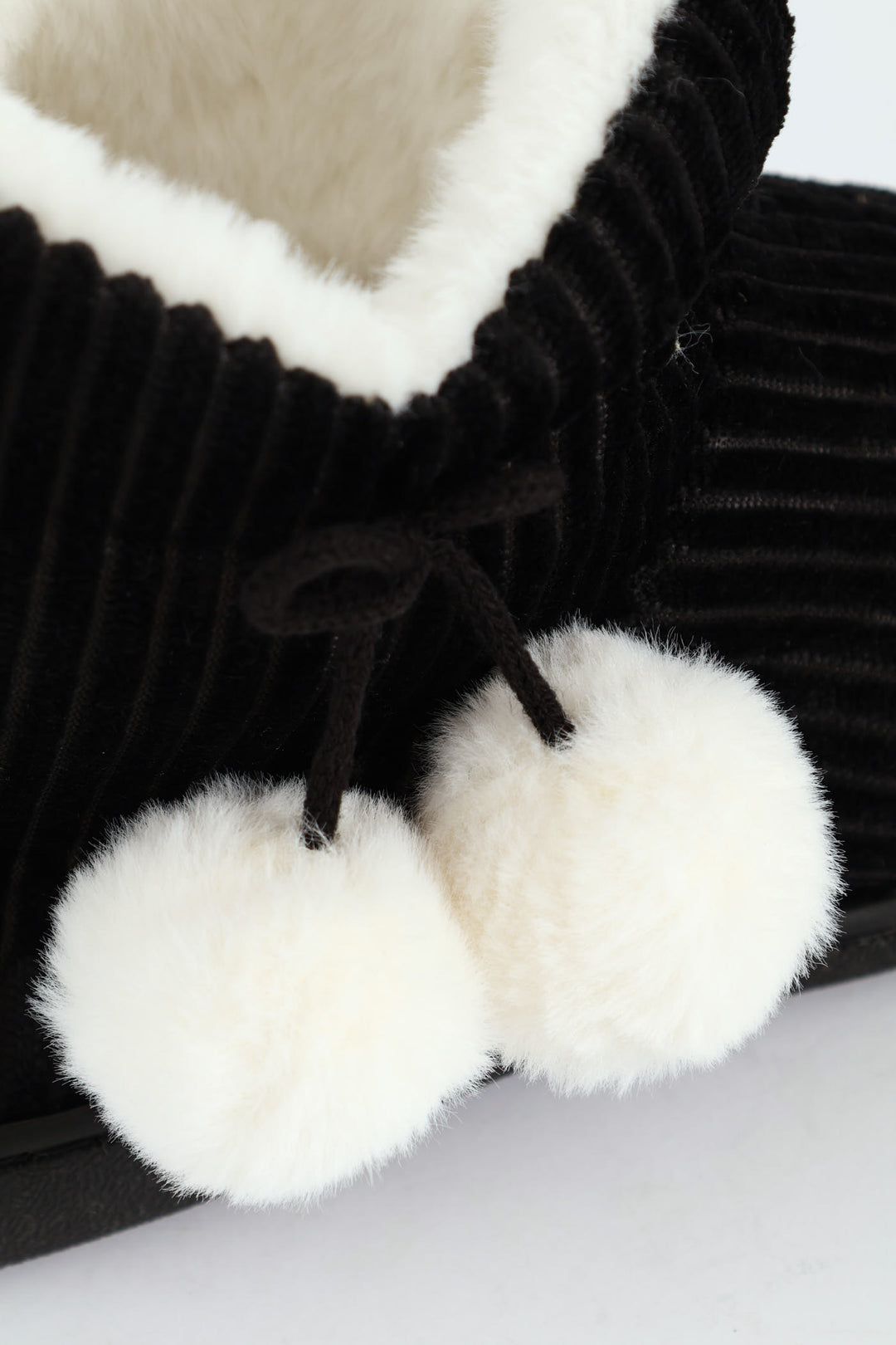 Corduroy Slipper Bootie With Pompoms - Black