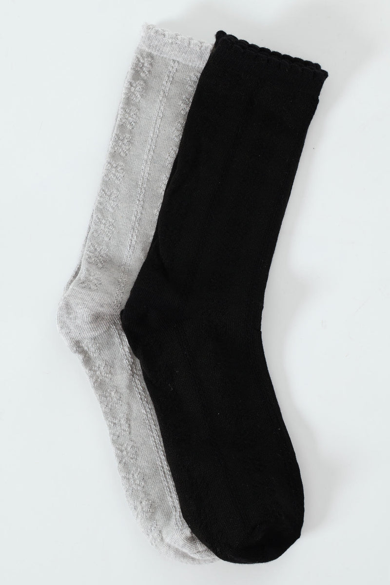2 Pack Jacquard Flowers Crew Socks - Black/Grey