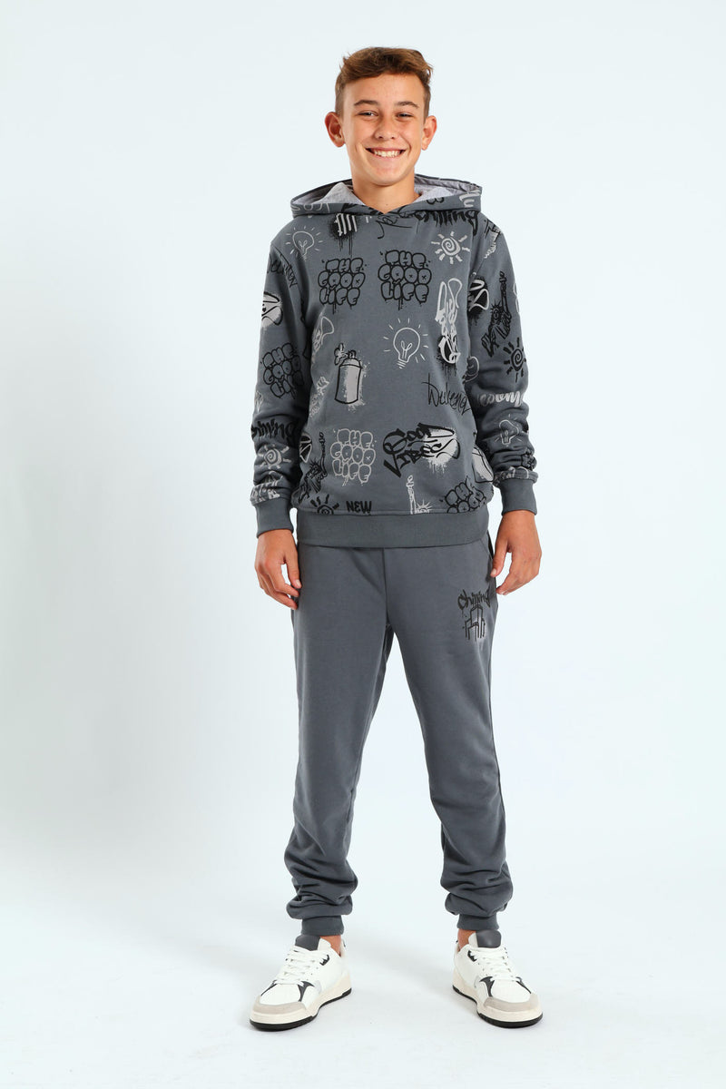 Boys Graffiti Print Hoody - Charcoal