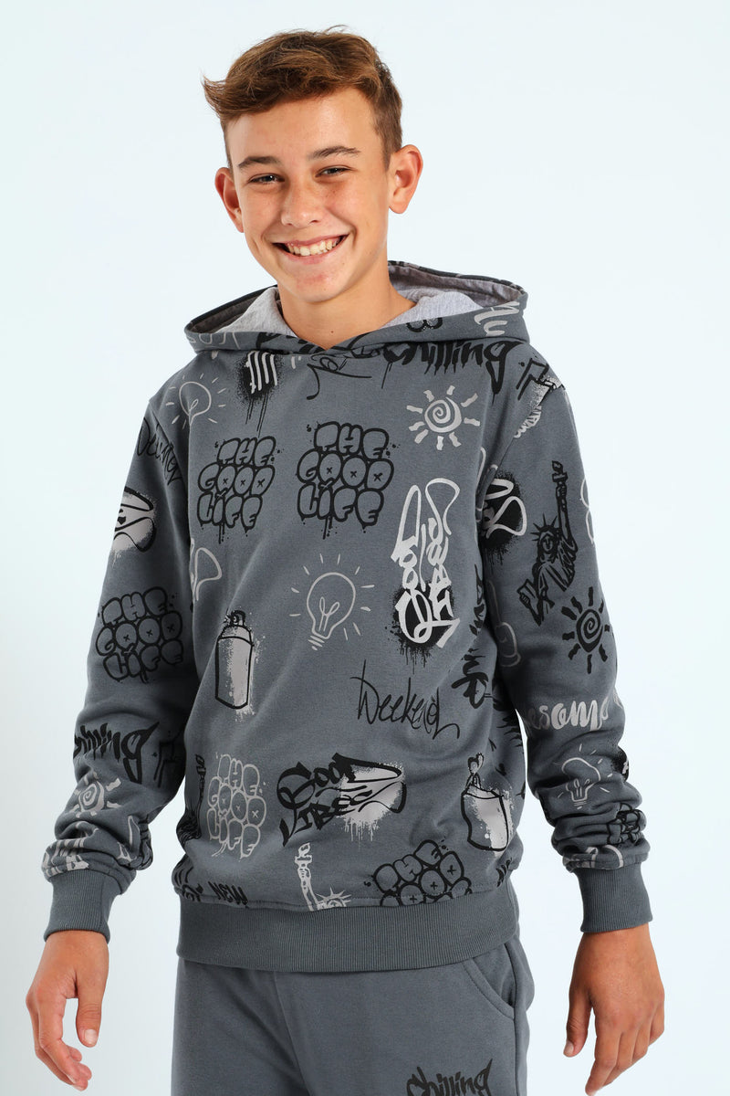 Boys Graffiti Print Hoody - Charcoal