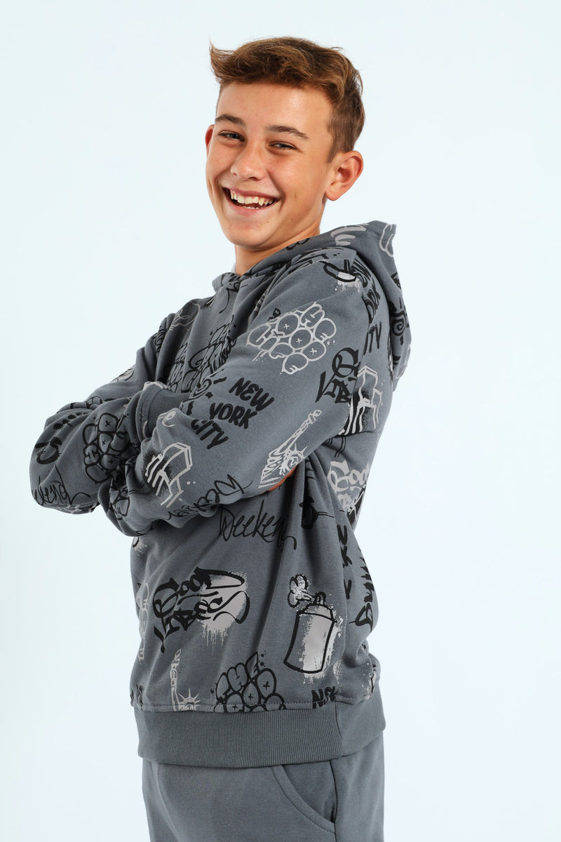 Boys Graffiti Print Hoody - Charcoal
