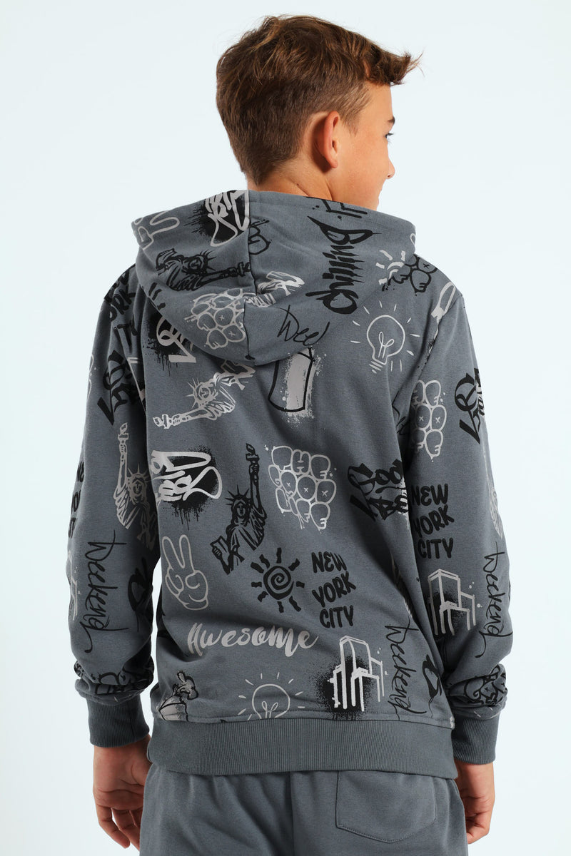 Boys Graffiti Print Hoody - Charcoal