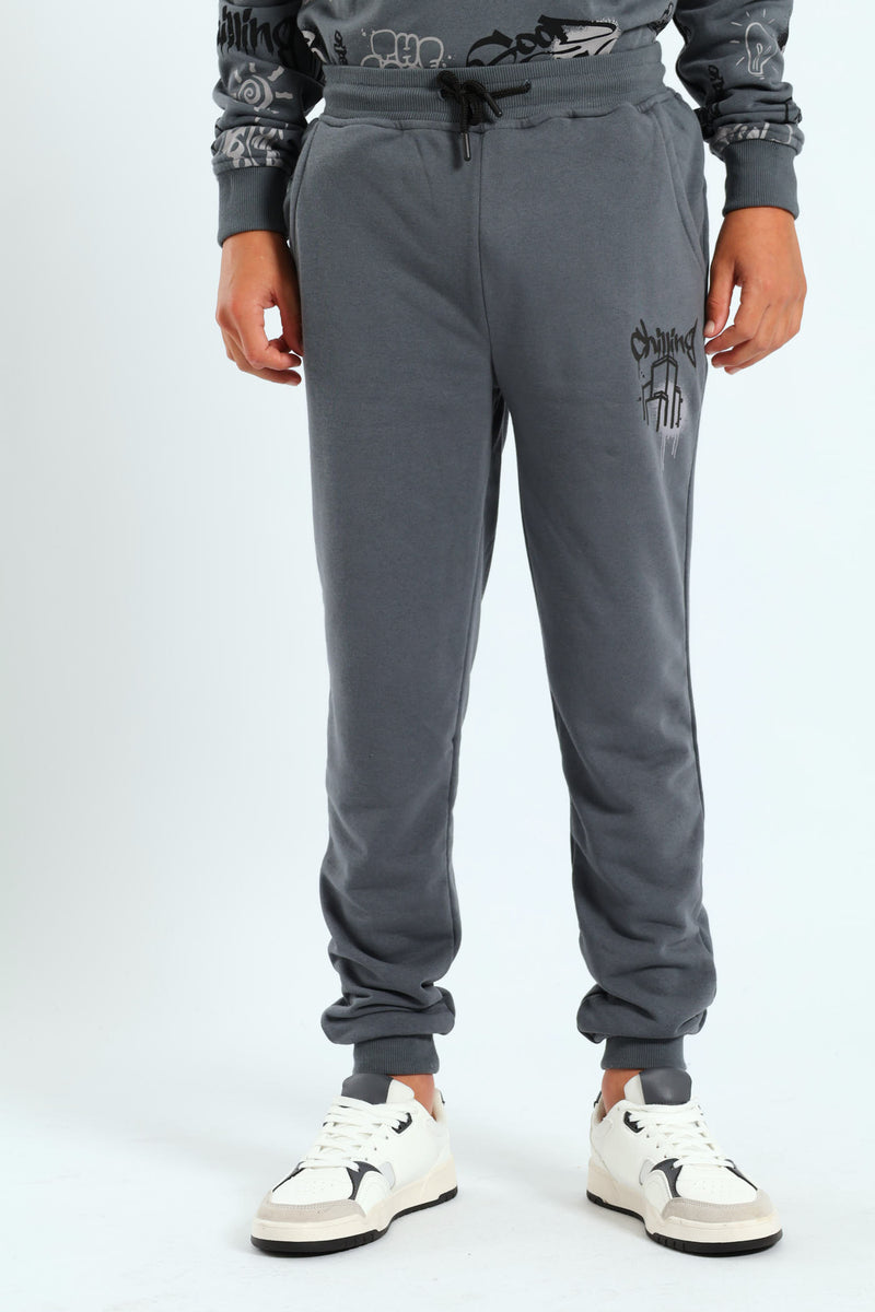 Boys Graffiti Print Jogger - Charcoal