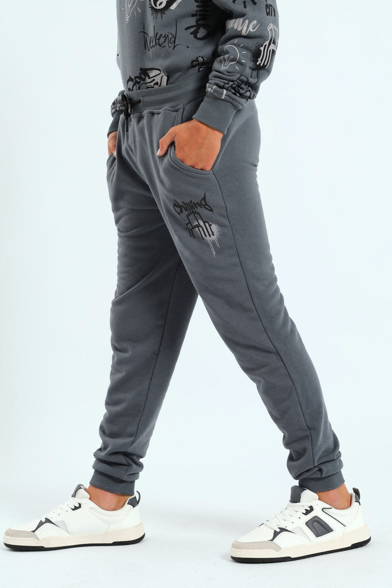 Boys Graffiti Print Jogger - Charcoal