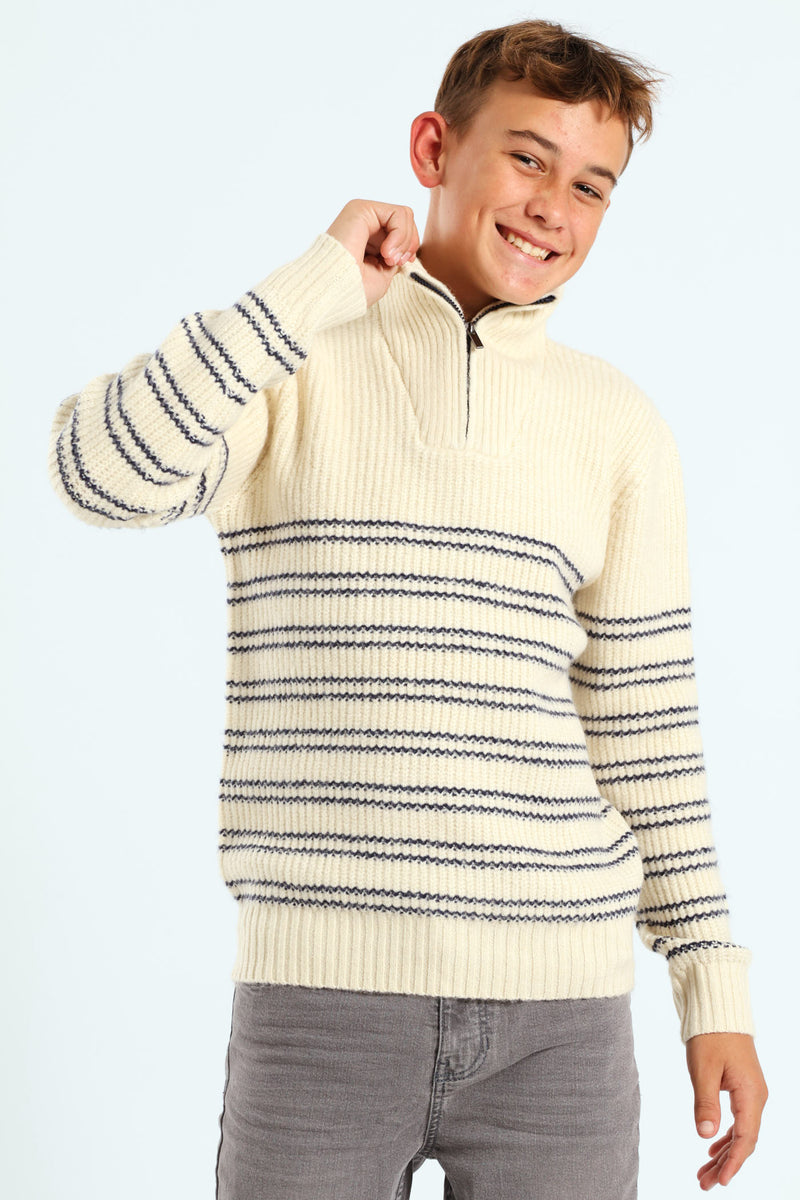 Boys Quarter Zip Stripe Knit Pullover - Cream