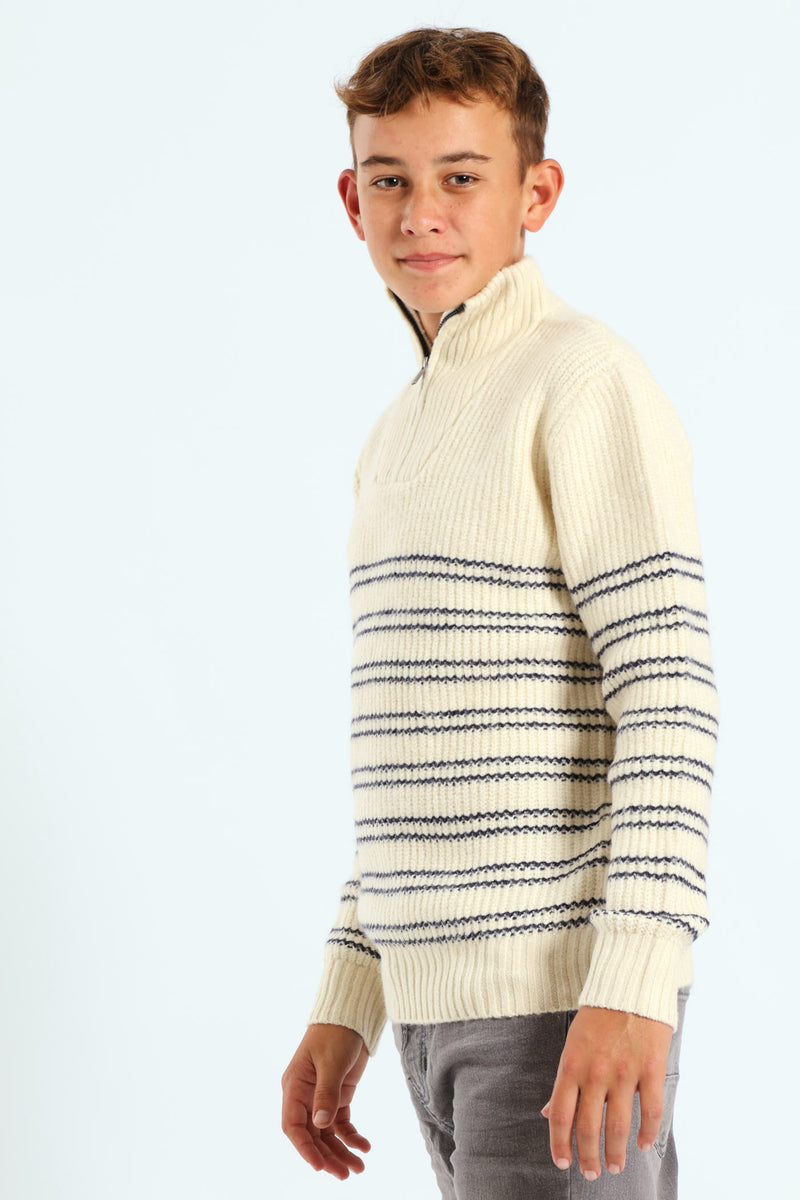 Boys Quarter Zip Stripe Knit Pullover - Cream