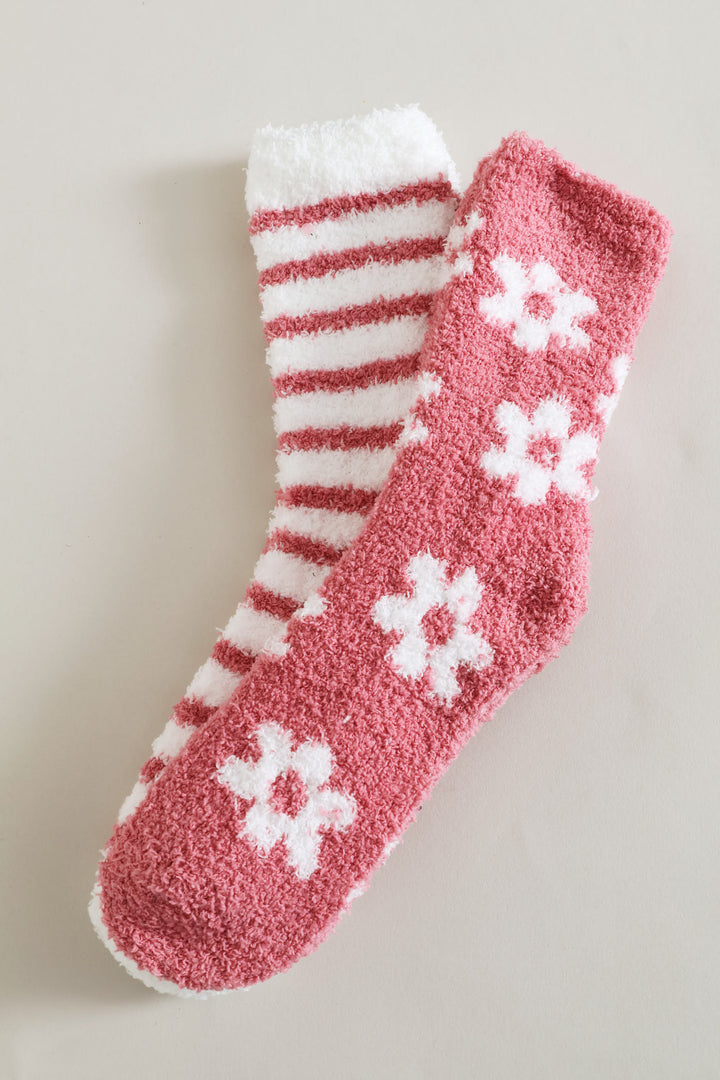 2 Pack Cosy Flower Socks - White/Pink