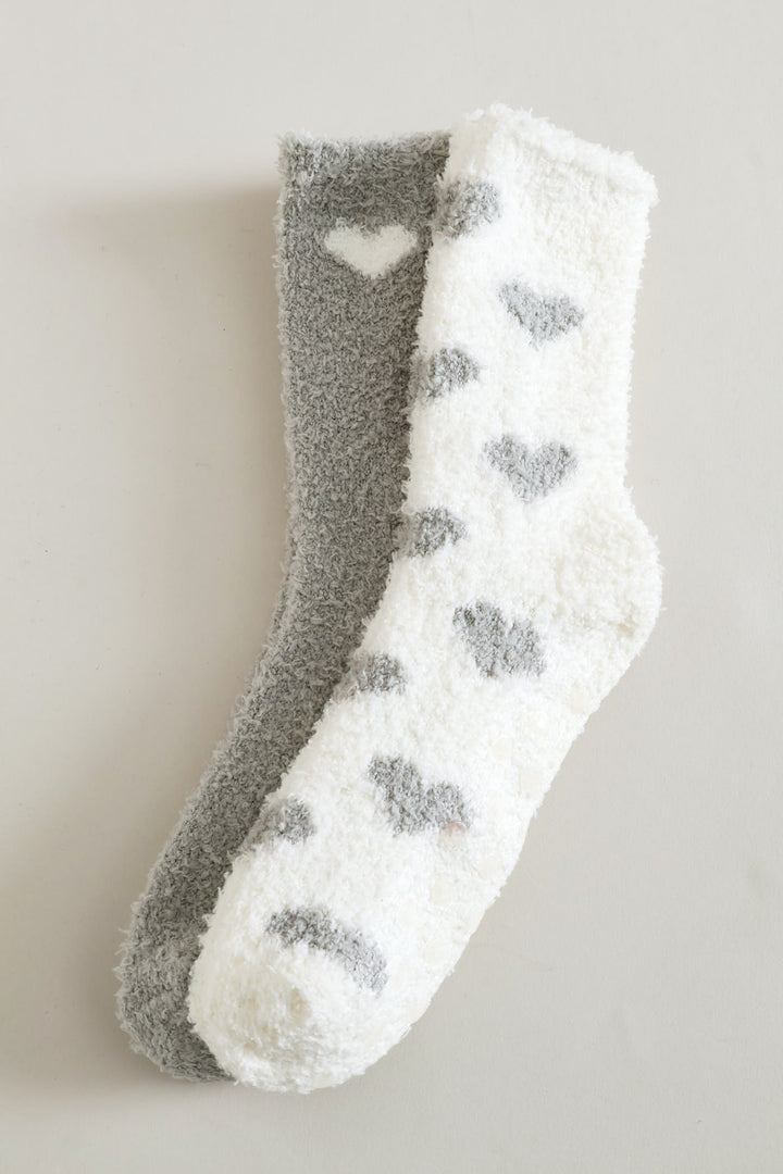 2 Pack Hearts Cosy Socks - White/Grey