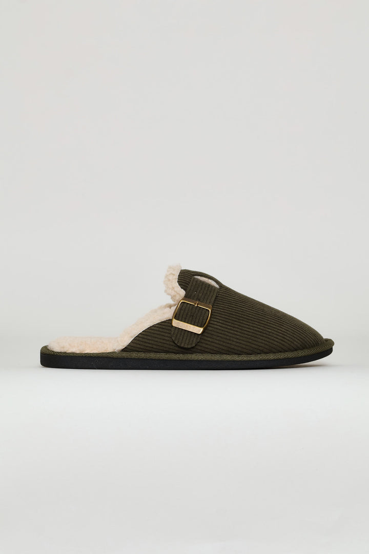 Buckle Detail Corduroy Clog Slipper - Fatigue