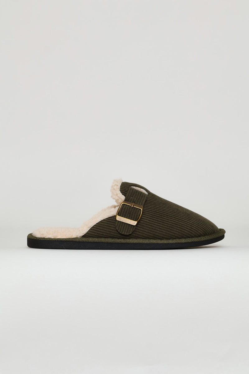 Buckle Detail Corduroy Clog Slipper - Fatigue