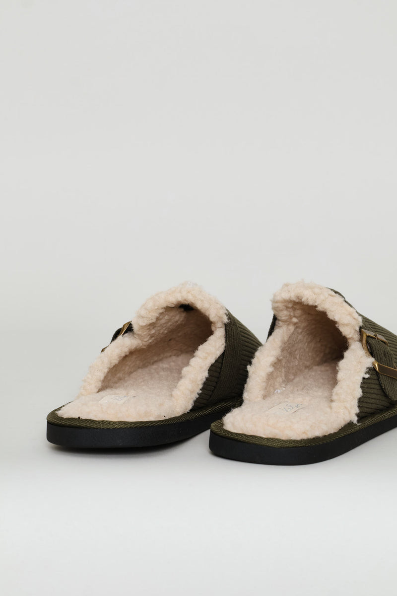 Buckle Detail Corduroy Clog Slipper - Fatigue