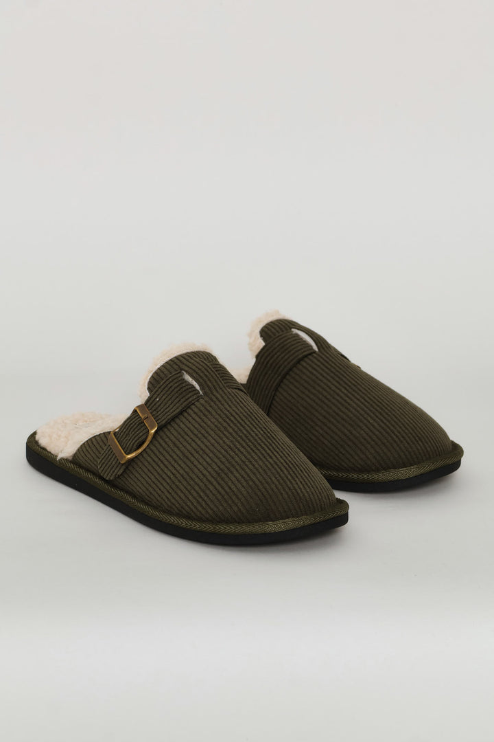 Buckle Detail Corduroy Clog Slipper - Fatigue