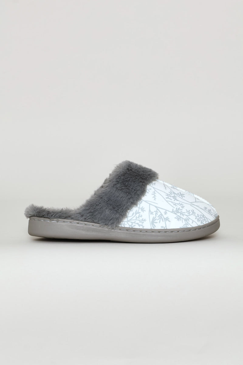 Printed Closed Toe Slipper With Faux Fur Trim - Grey