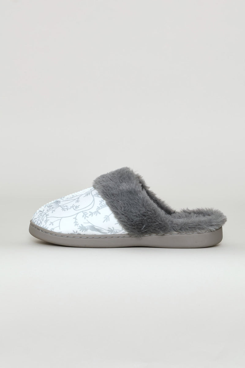 Printed Closed Toe Slipper With Faux Fur Trim - Grey