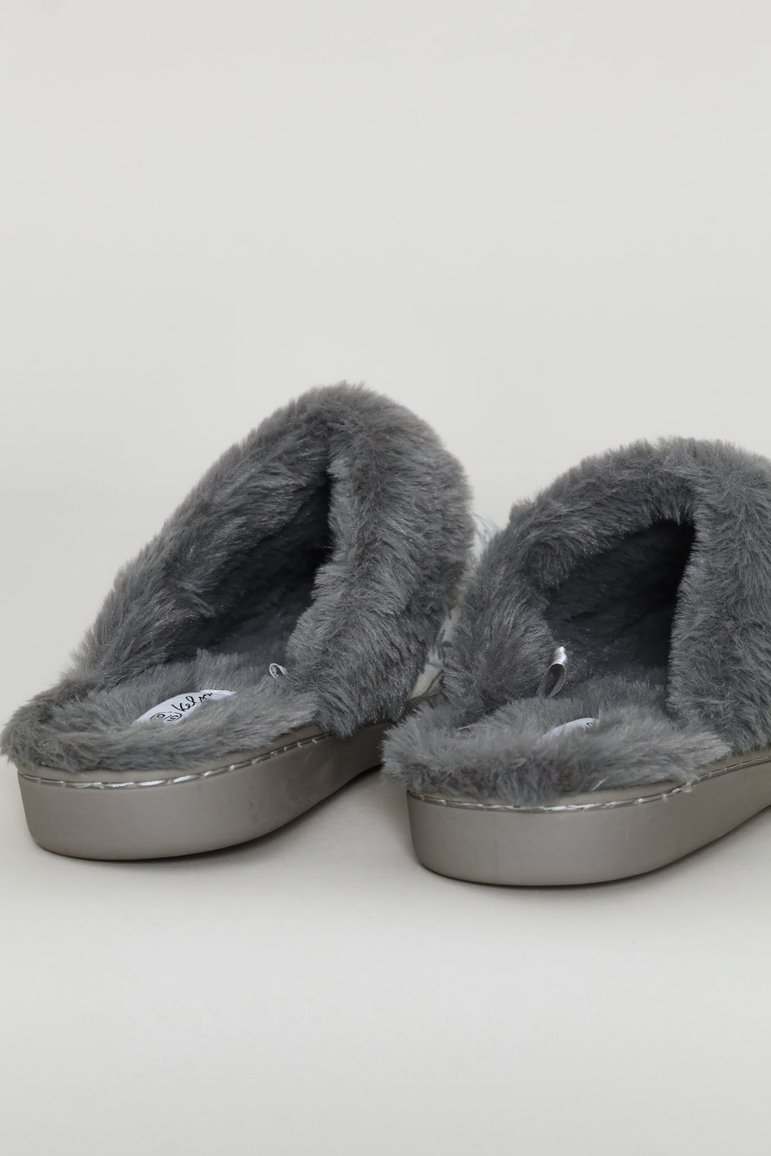 Printed Closed Toe Slipper With Faux Fur Trim - Grey
