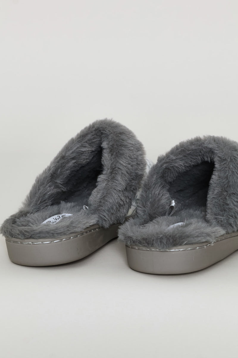 Printed Closed Toe Slipper With Faux Fur Trim - Grey