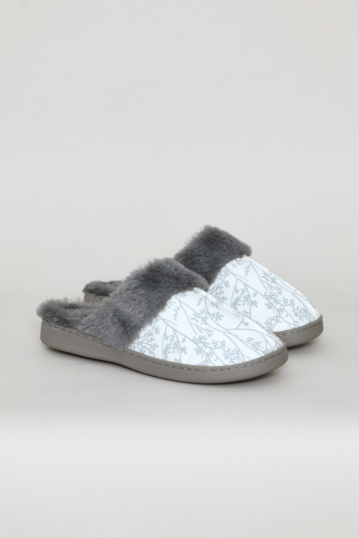 Printed Closed Toe Slipper With Faux Fur Trim - Grey