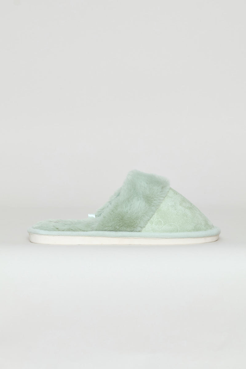 Embossed Upper With Faux Fur Topline Slipper - Sage
