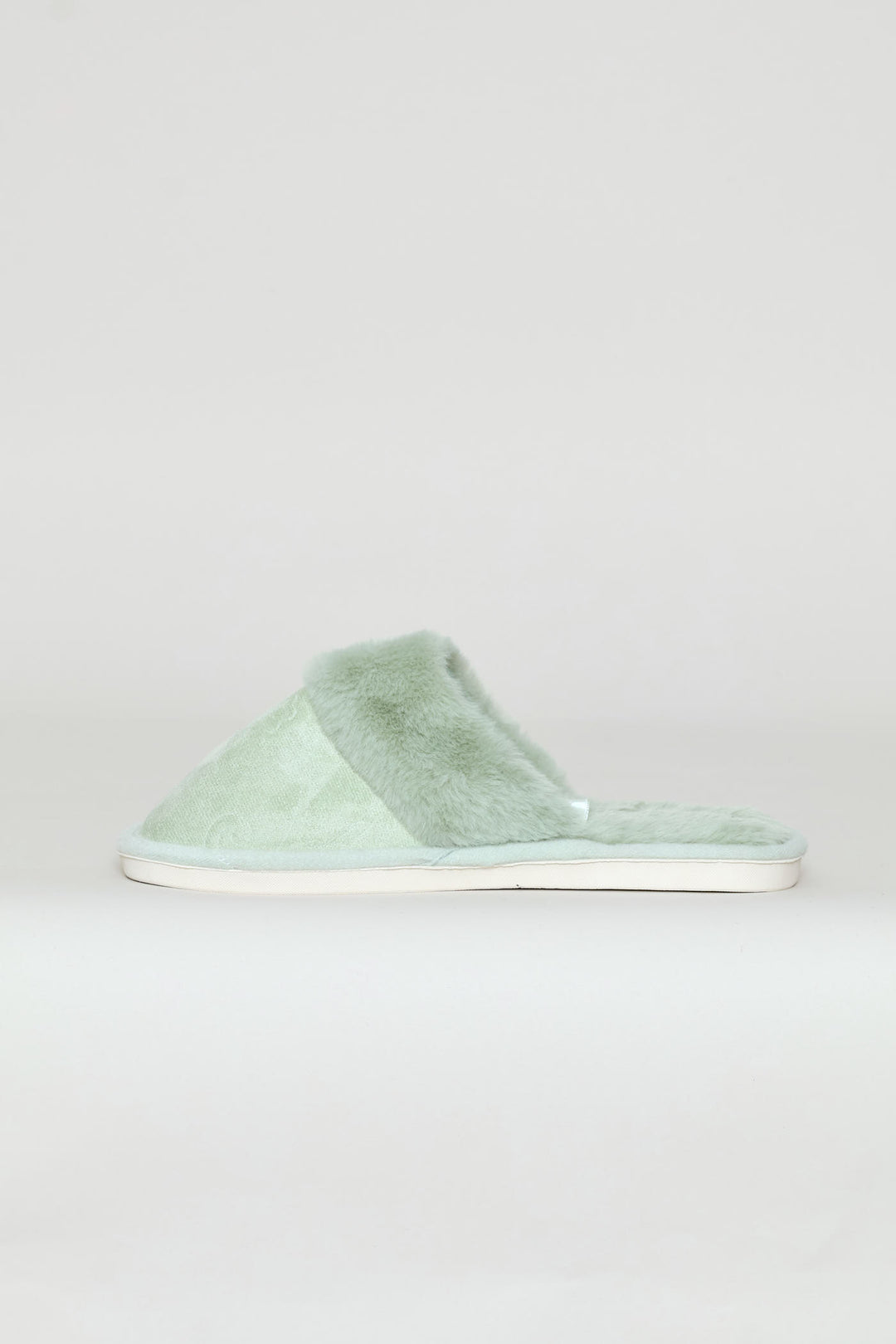 Embossed Upper With Faux Fur Topline Slipper - Sage