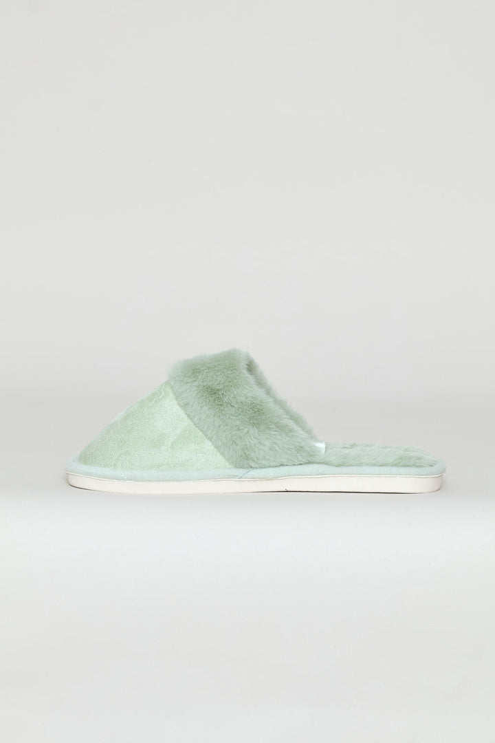Embossed Upper With Faux Fur Topline Slipper - Sage