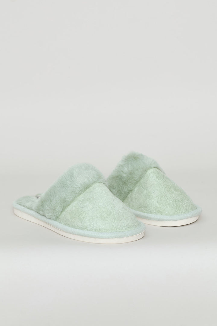 Embossed Upper With Faux Fur Topline Slipper - Sage