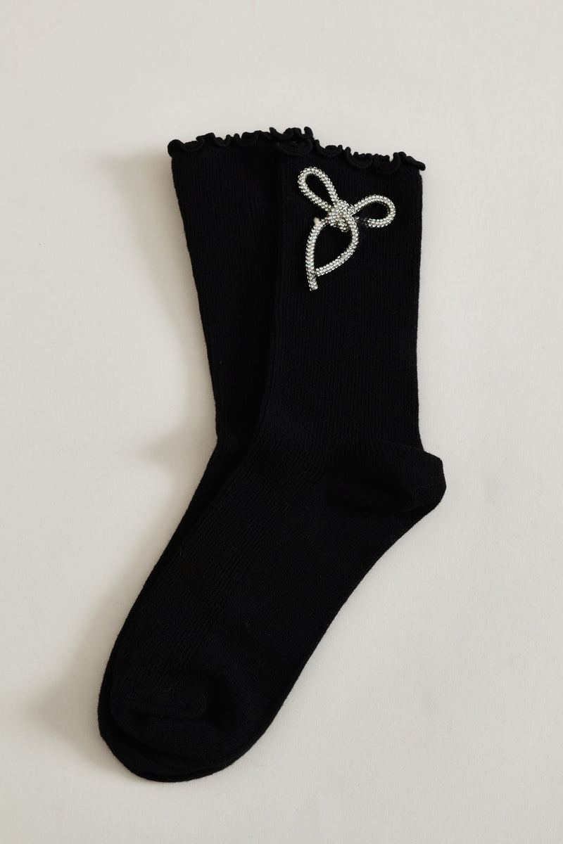 Diamante Bow Crew Fashion Socks - Black