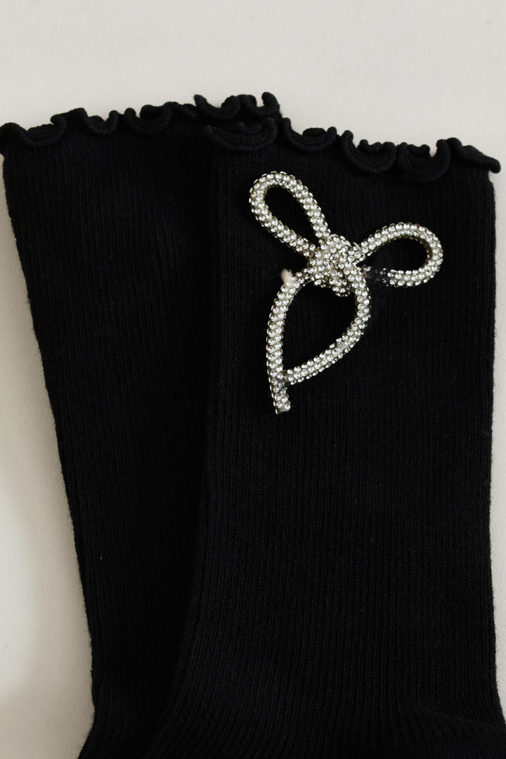 Diamante Bow Crew Fashion Socks - Black