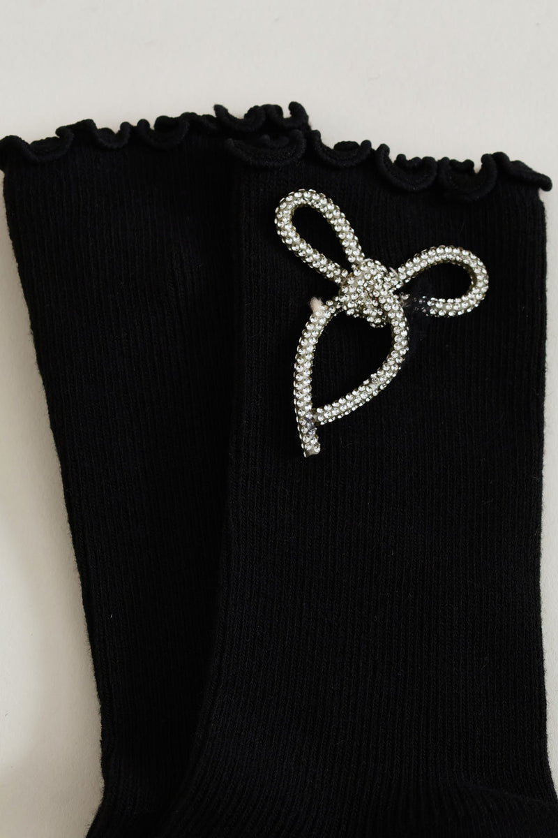 Diamante Bow Crew Fashion Socks - Black