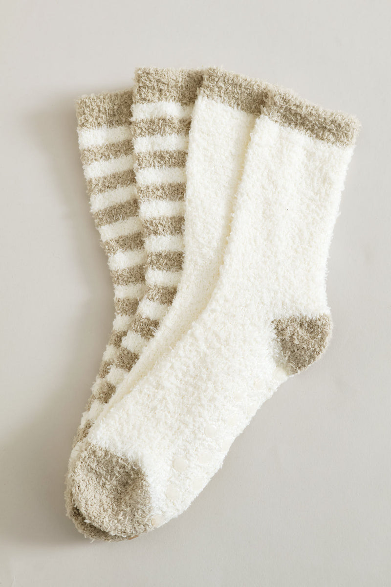 2 Pack Cable Knit Cosy Socks - White/Beige