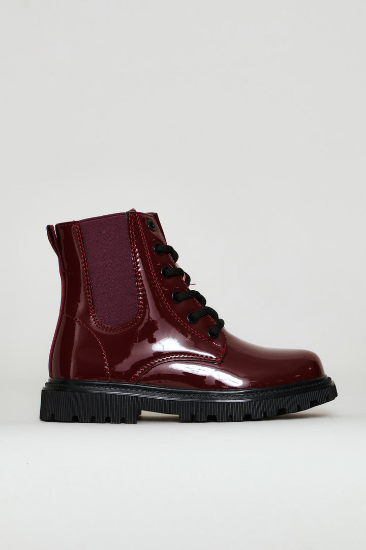 Girls Patent Military Boot - Burgundy