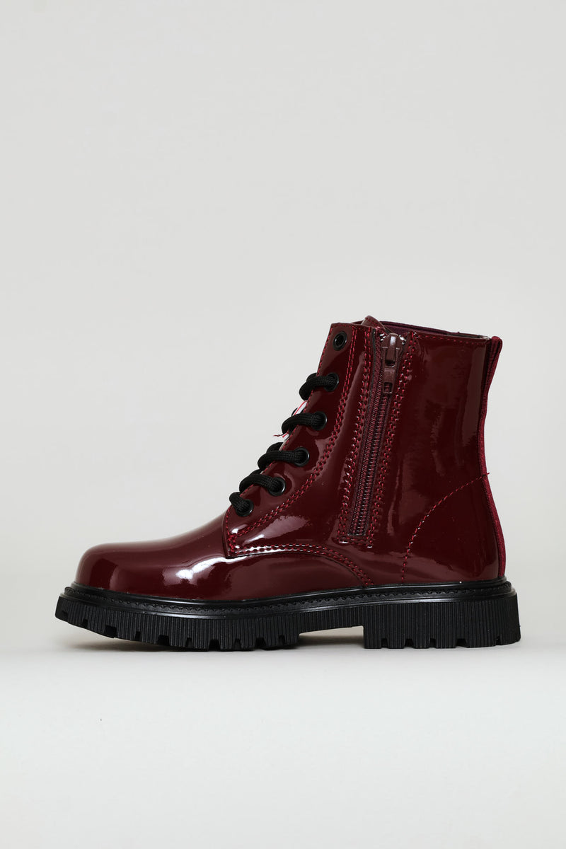 Girls Patent Military Boot - Burgundy