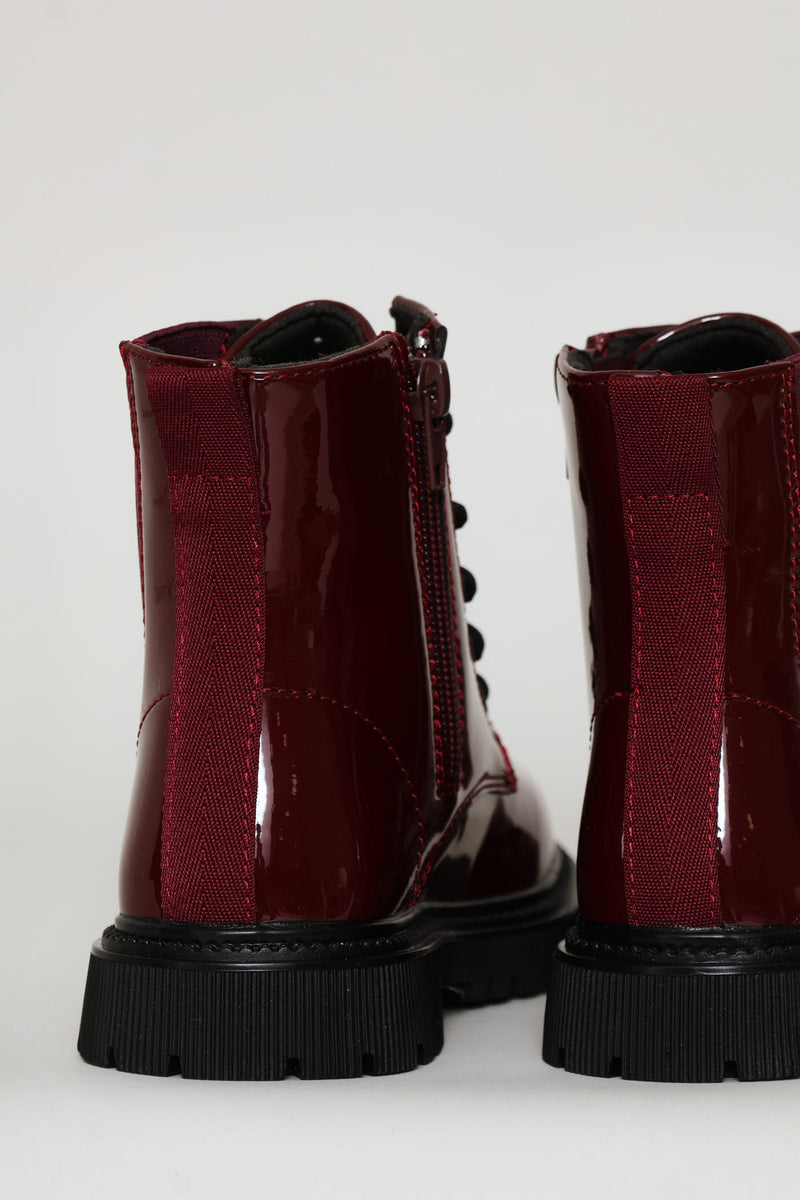 Girls Patent Military Boot - Burgundy